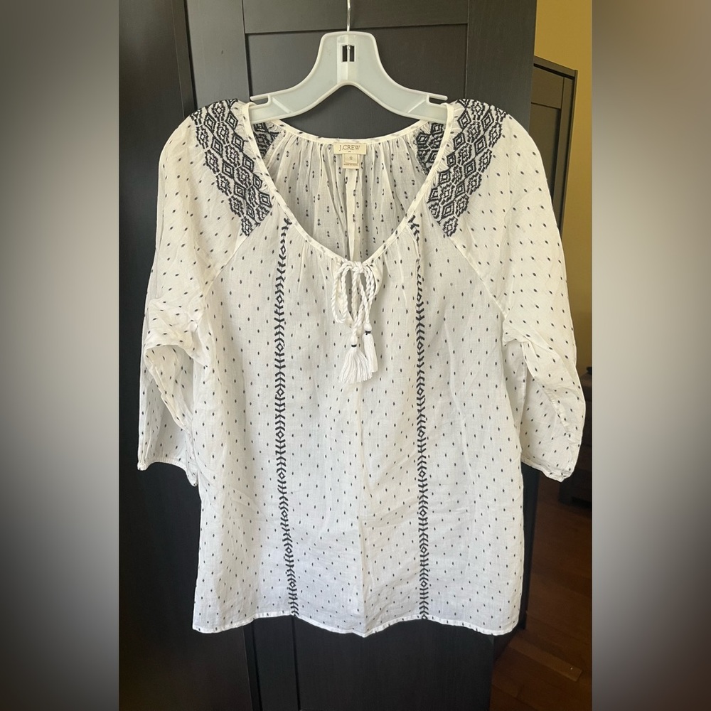 Jcrew white peasant top with black embroidery